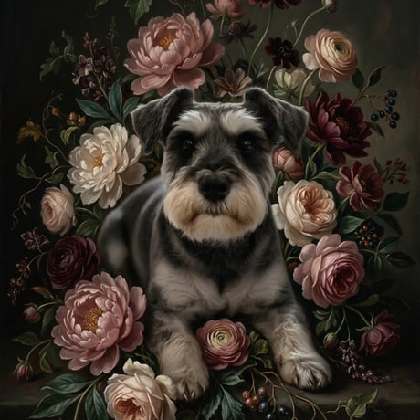 犬（ミニチュアシュナウザー）の花に囲まれた油絵風アート A3額装インテリア壁掛け