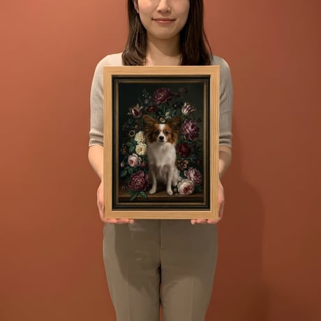 犬（パピヨン）の花に囲まれた油絵風アート A4額装インテリア壁掛け