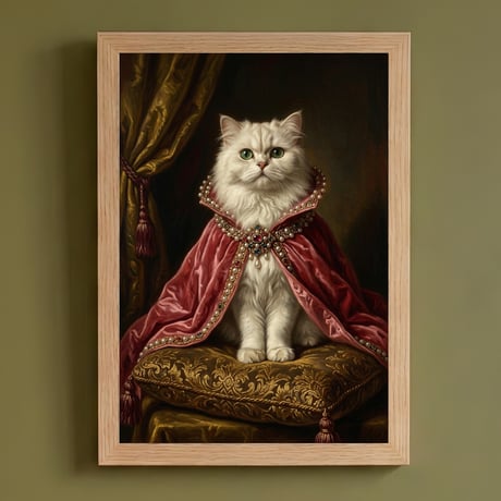 猫（ペルシャ猫）のルネサンス風肖像画 油絵風アートA4額装インテリア壁掛け