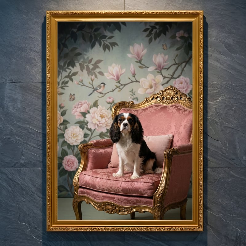 犬（キャバリア）のロココ調シャビーピンクアート A4金縁額装