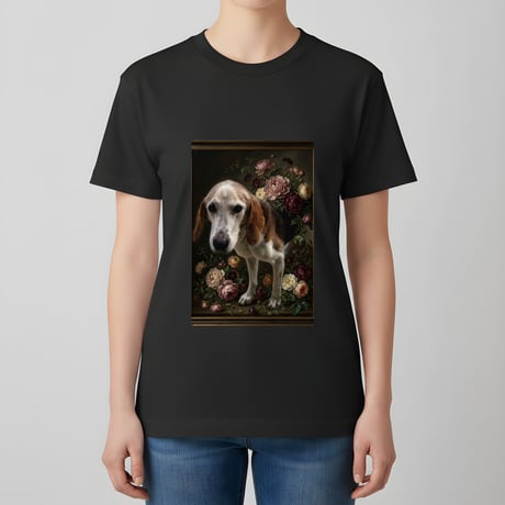 犬（ビーグル）半袖Tシャツ 花の油絵風アート ブラック 男女兼用