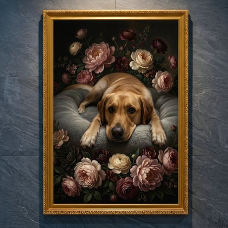 犬（ラブラドールレトリバー）の花の油絵風アート A4金縁額装インテリア壁掛け