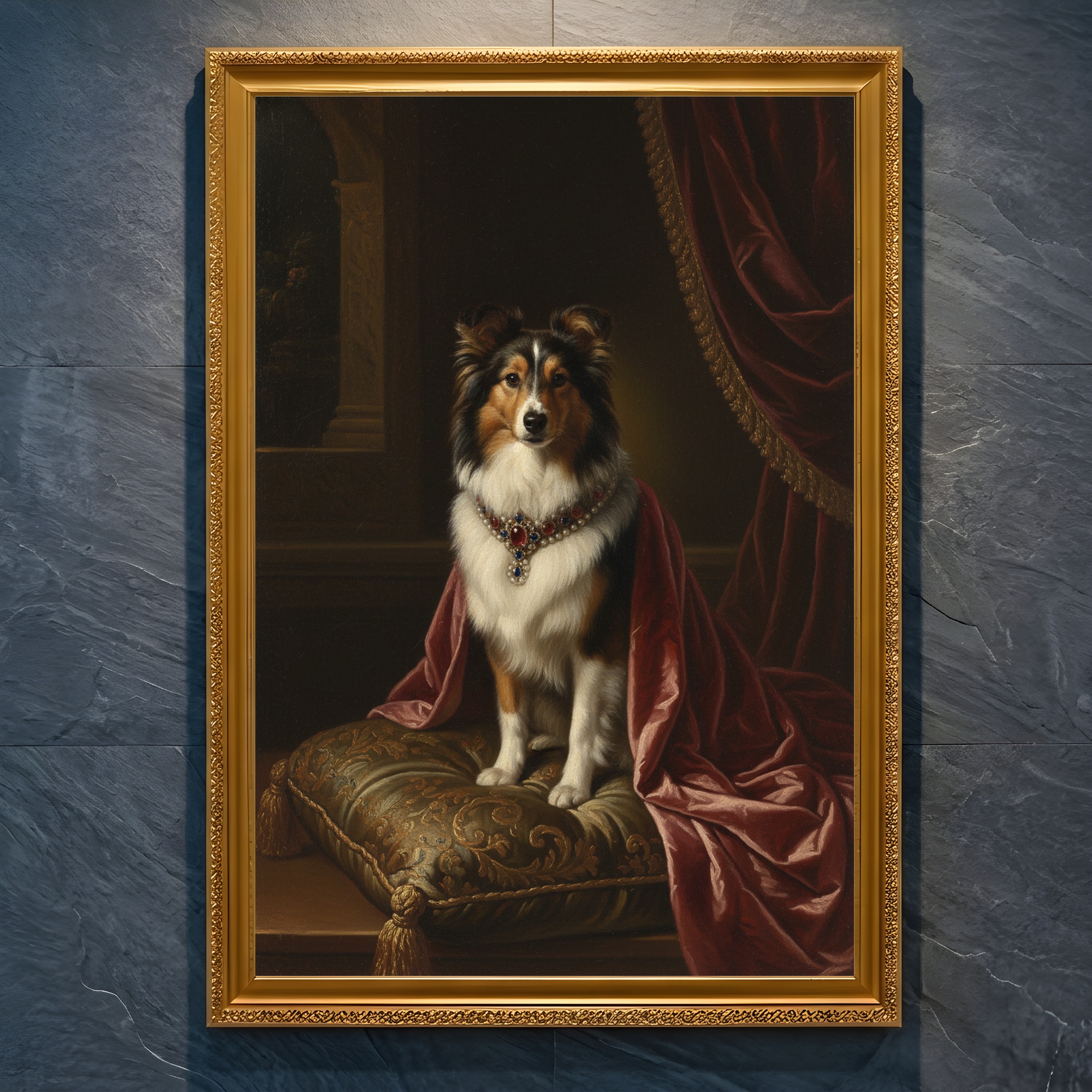 犬（シェットランドシープドッグ）のルネサンス風肖像画 A4金縁額装