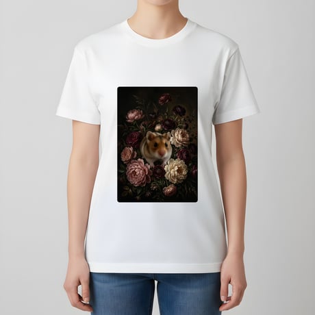 キャンベルハムスター半袖Tシャツ 花の油絵風アート ホワイト 男女兼用