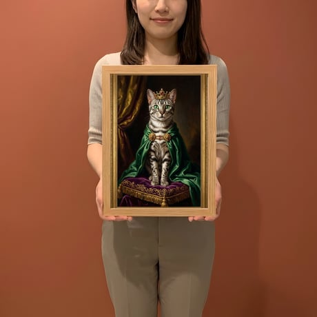 猫（エジプシャンマウ）のルネサンス風肖像画 油絵風アートA4額装インテリア壁掛け