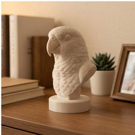 インコ（メイヤーズパロット）の3Dプリント胸像 白PLA 彫刻 置物 インテリア