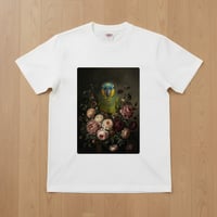 インコ（アオボウシインコ）半袖Tシャツ 花の油絵風アート ホワイト 男女兼用