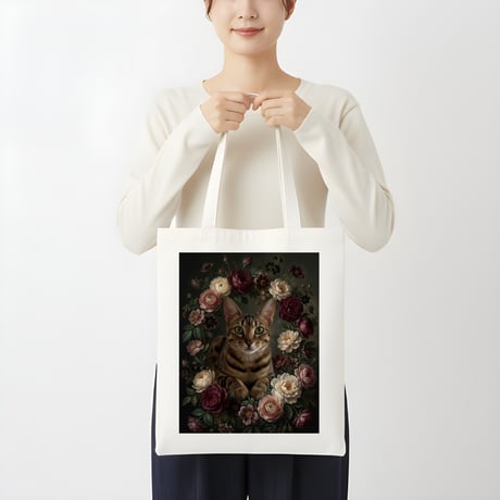 猫（オシキャット）トートバッグ 花の油絵風アート キャンバス地
