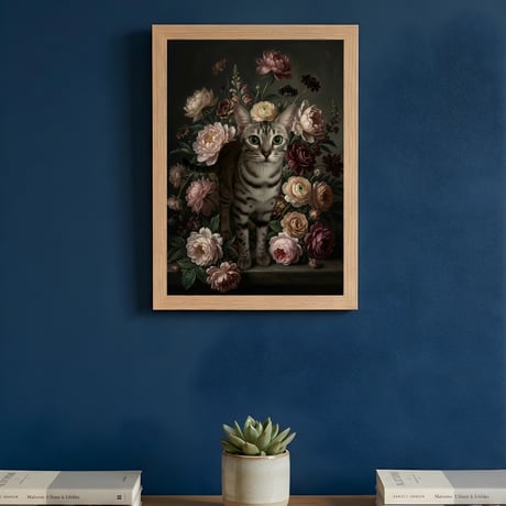 猫（エジプシャンマウ）の花に囲まれた油絵風アート A4額装インテリア壁掛け