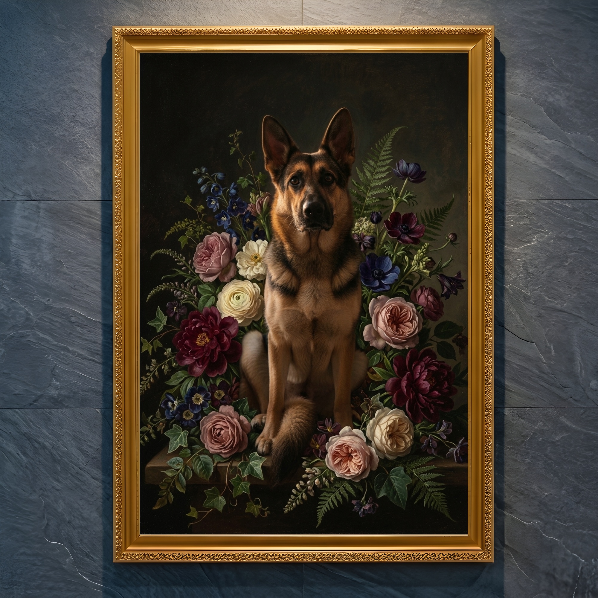 犬（ジャーマンシェパード）の花の油絵風アート A4金縁額装インテリア