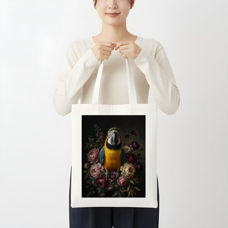 インコ（ルリコンゴウインコ）トートバッグ 花の油絵風アート キャンバス地