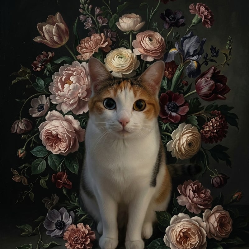 猫（ジャパニーズボブテイル）の花に囲まれた油絵風アート A3額装