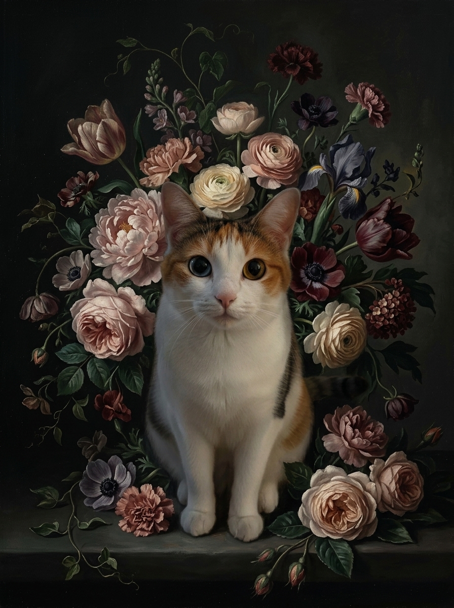 猫（ジャパニーズボブテイル）の花に囲まれた油絵風アート A3額装