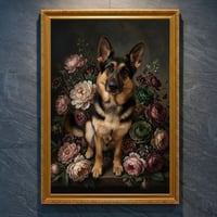 犬（ジャーマンシェパード）の花の油絵風アート A4金縁額装インテリア壁掛け