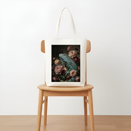 イグアナ（ブルーイグアナ）トートバッグ 花の油絵風アート キャンバス地