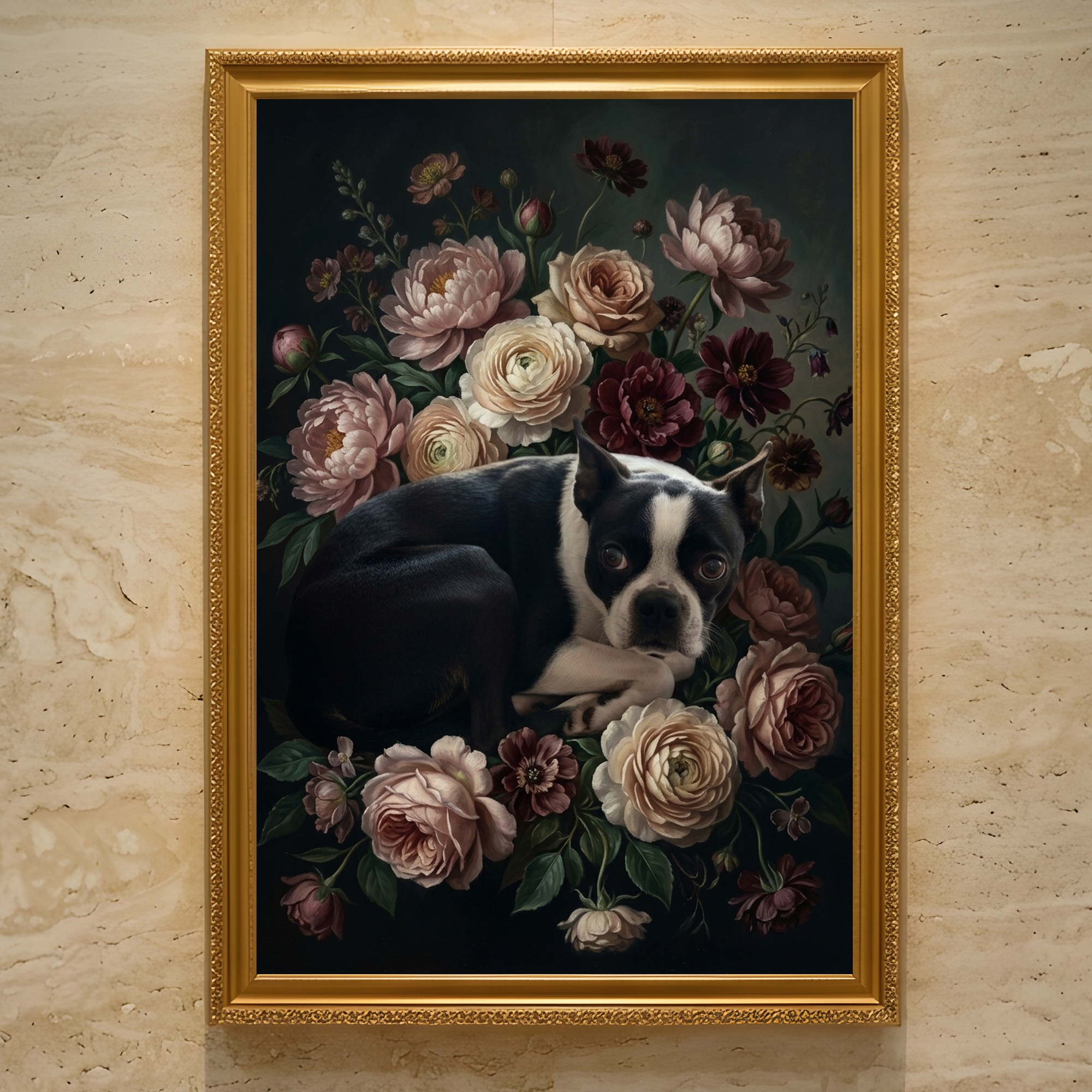 犬（ボストンテリア）の花に囲まれた油絵風アート A3額装インテリア