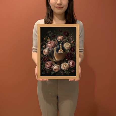 うさぎ（ハーレクイン）の花に囲まれた油絵風アート A4額装インテリア壁掛け