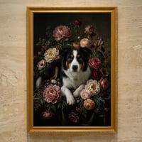 犬（ボーダーコリー）の花に囲まれた油絵風アート A3額装インテリア壁掛け