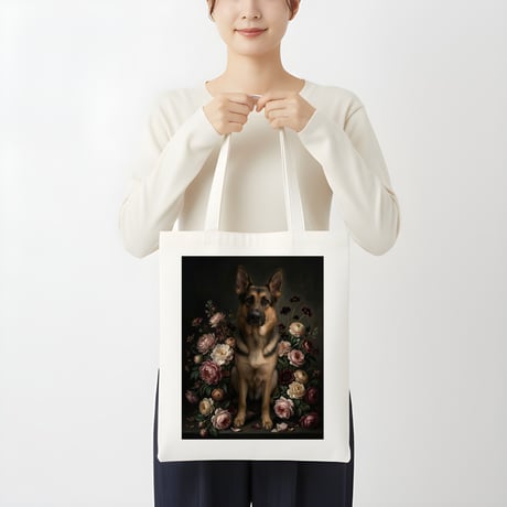 犬（ジャーマンシェパード）トートバッグ 花の油絵風アート キャンバス地