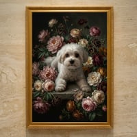 犬（マルチーズ）の花に囲まれた油絵風アート A3額装インテリア壁掛け