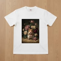 ファンシーハムスター半袖Tシャツ 花の油絵風アート ホワイト 男女兼用