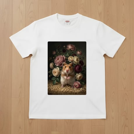 ファンシーハムスター半袖Tシャツ 花の油絵風アート ホワイト 男女兼用