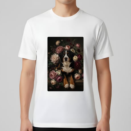 バーニーズマウンテンドッグ半袖Tシャツ 花の油絵風アート ホワイト 男女兼用