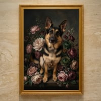 犬（ジャーマンシェパード）の花に囲まれた油絵風アート A3額装インテリア壁掛け