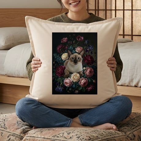 猫（シャム猫）クッション 45cm 花の油絵風カラーアート