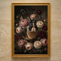 うさぎ（ハーレクイン）の花に囲まれた油絵風アート A3額装インテリア壁掛け