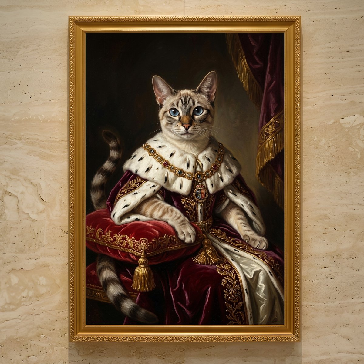 ​希少 田中坦三「猫」直筆 色紙画 額装付き 壁掛け 骨董 アート アンティーク 猫（トンキニーズ）のルネサンス風肖像画 油絵風アートA3額装