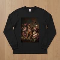 猫（アビシニアン）長袖Tシャツ 花の油絵風アート ブラック 男女兼用