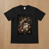 猫（スコティッシュフォールド）半袖Tシャツ 花の油絵風アート ブラック 男女兼用
