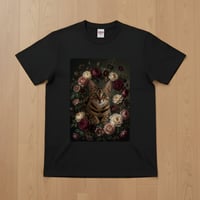 猫（オシキャット）半袖Tシャツ 花の油絵風アート ブラック 男女兼用