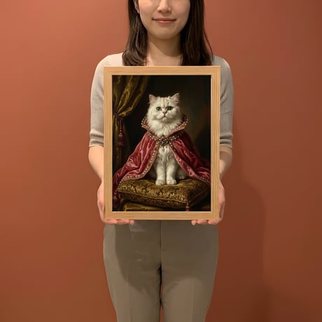 猫（ペルシャ猫）のルネサンス風肖像画 油絵風アートA4額装インテリア壁掛け