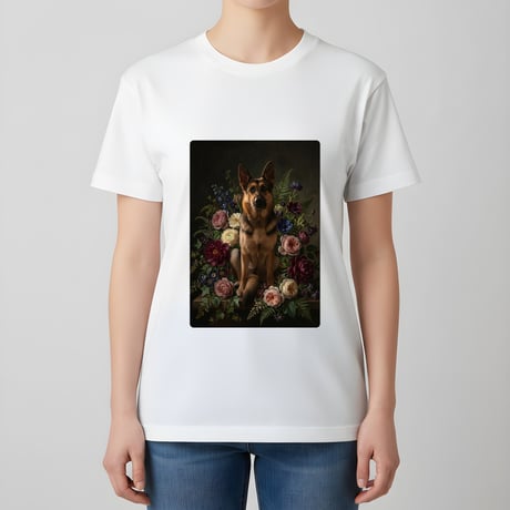 犬（ジャーマンシェパード）半袖Tシャツ 花の油絵風アート ホワイト 男女兼用