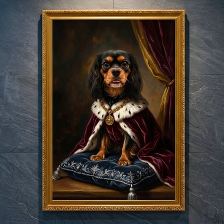 犬（キャバリア）のルネサンス風肖像画 油絵風アートA4金縁額装インテリア壁掛け