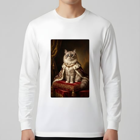 猫（ラグドール）長袖Tシャツ ルネサンス風カラーアート ホワイト 男女兼用