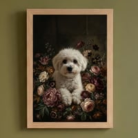 犬（ビションフリーゼ）の花に囲まれた油絵風アート A4額装インテリア壁掛け