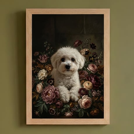 犬（ビションフリーゼ）の花に囲まれた油絵風アート A4額装インテリア壁掛け