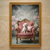 犬（ビションフリーゼ）のロココ調シャビーピンクアート A3額装インテリア壁掛け