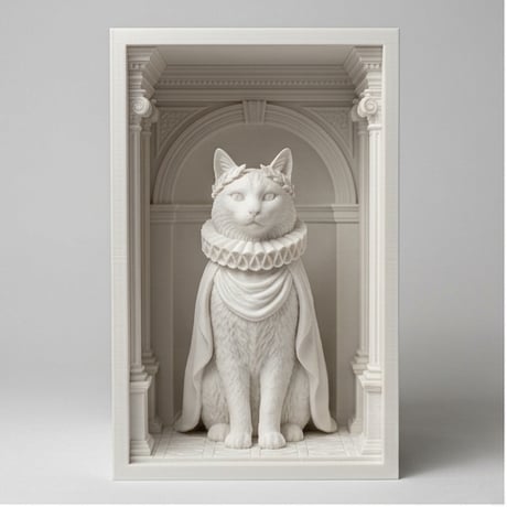 猫（ターキッシュアンゴラ）の3Dプリント ブックヌーク 白PLA 本棚インテリア