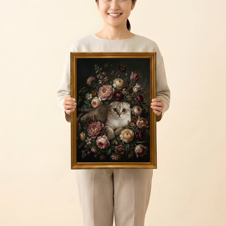 猫（スコティッシュフォールド）の花の油絵風アート A3額装インテリア壁掛け