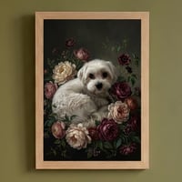 犬（マルチーズ）の花に囲まれた油絵風アート A4額装インテリア壁掛け