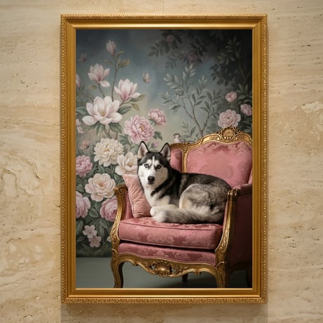 犬（シベリアンハスキー）のロココ調シャビーピンクアート A3額装インテリア壁掛け