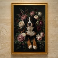 犬（バーニーズマウンテンドッグ）の花の油絵風アート A3額装インテリア壁掛け
