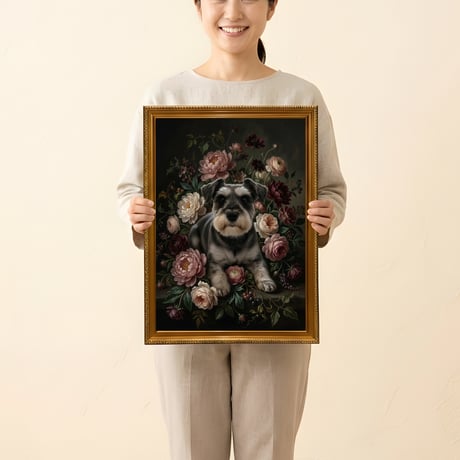 犬（ミニチュアシュナウザー）の花に囲まれた油絵風アート A3額装インテリア壁掛け