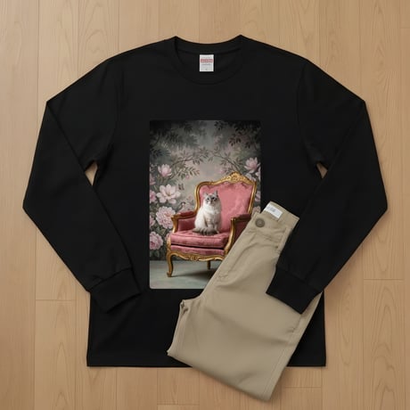 猫（ラグドール）長袖Tシャツ ロココ調シャビーピンク ブラック 男女兼用