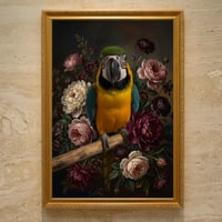 インコ（ルリコンゴウインコ）の花に囲まれた油絵風アート A3額装インテリア壁掛け