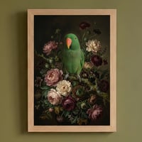 インコ（オオハナインコ）の花に囲まれた油絵風アート A4額装インテリア壁掛け